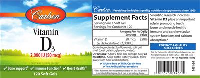 Photo of the Carlson Vitamin D3 2,000 IU (50 mcg) label