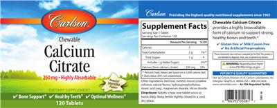 Photo of the Carlson Chewable Calcium Citrate 250 mg Natural Vanilla Flavor label