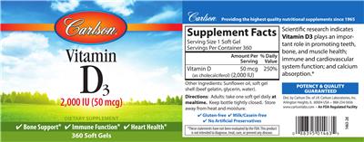 Photo of the Carlson Vitamin D3 2,000 IU (50 mcg) label