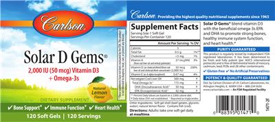 Photo of the Carlson Solar D Gems 2,000 IU (50 mcg) Natural Lemon Flavor label
