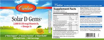 Photo of the Carlson Solar D Gems 2,000 IU (50 mcg) Natural Lemon Flavor label