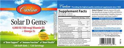 Photo of the Carlson Solar D Gems 4,000 (100 mcg) Natural Lemon Flavor label