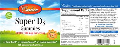 Photo of the Carlson Super D3 Gummies 4,000 IU (100 mcg) Natural Fruit Flavors label