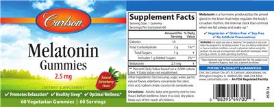 Photo of the Carlson Melatonin Gummies 2.5 mg Natural Strawberry Flavor label