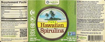 Photo of the Nutrex Hawaii Pure Hawaiian Spirulina label