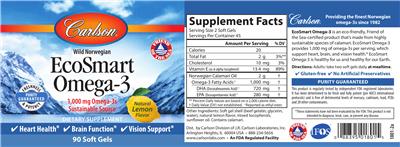 Photo of the Carlson EcoSmart Omega-3 1,000 mg Natural Lemon Flavor label