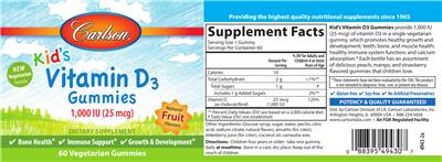 Photo of the Carlson Kid's Vitamin D3 Gummies 1,000 IU (25 mcg) Natural Fruit Flavors label