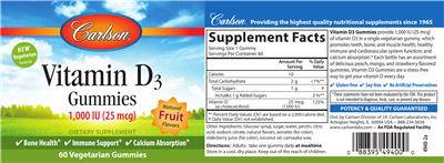 Photo of the Carlson Vitamin D3 Gummies 1,000 IU (25 mcg) Natural Fruit Flavors label