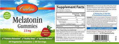 Photo of the Carlson Melatonin Gummies 2.5 mg Natural Strawberry Flavor label