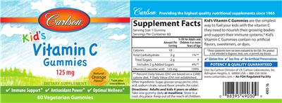Photo of the Carlson Kid's Vitamin C Gummies 125 mg Natural Orange Flavor label