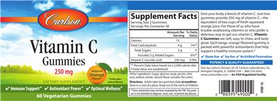 Photo of the Carlson Vitamin C Gummies 250 mg Natural Orange Flavor label