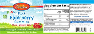 Photo of the Carlson Kid's Black Elderberry Gummies Natural Berry Flavor label