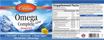 Photo of the Carlson Omega Complete Gems Natural Lemon Flavor label