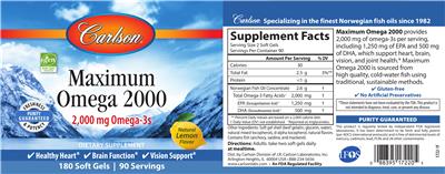 Photo of the Carlson Maximum Omega 2000 Natural Lemon Flavor label