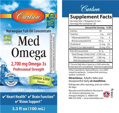 Photo of the Carlson Med Omega Lemon-Lime Flavor label