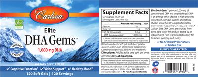 Photo of the Carlson Elite DHA Gems 1,000 mg label