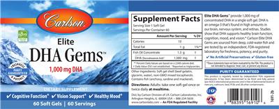 Photo of the Carlson Elite DHA Gems 1,000 mg DHA label