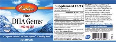 Photo of the Carlson Elite DHA Gems 1,000 mg DHA label