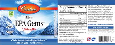 Photo of the Carlson Elite EPA Gems 1,000 mg label