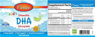 Photo of the Carlson Kid's Chewable DHA 100 mg Bursting Orange Flavor! label