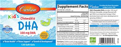 Photo of the Carlson Kid's Chewable DHA 100 mg Bursting Orange Flavor! label