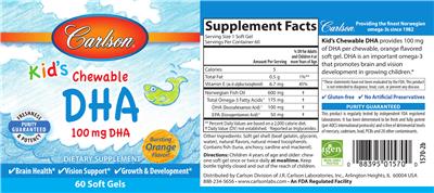Photo of the Carlson Kid's Chewable DHA 100 mg Bursting Orange Flavor! label