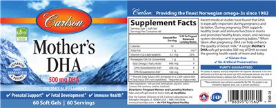 Photo of the Carlson Mother's DHA 500 mg label