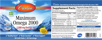 Photo of the Carlson Maximum Omega 2000 Natural Lemon Flavor label