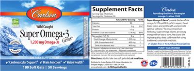 Photo of the Carlson Super Omega-3 Gems 1,200 mg label