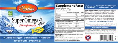 Photo of the Carlson Super Omega-3 Gems 1,200 mg label