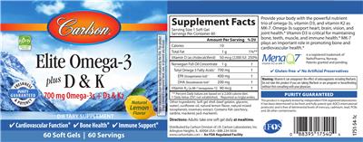 Photo of the Carlson Elite Omega-3 plus D & K Natural Lemon Flavor label