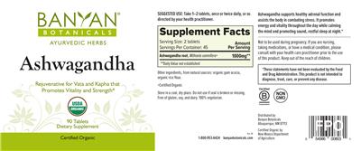 Photo of the Banyan Botanicals Ashwagandha Tablets label
