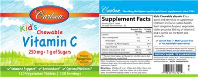 Photo of the Carlson Kid's Chewable Vitamin C 250 mg Natural Tangerine Flavor label