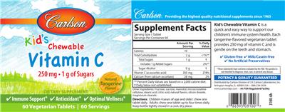 Photo of the Carlson Kid's Chewable Vitamin C 250 mg Natural Tangerine Flavor! label