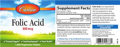 Photo of the Carlson Folic Acid 800 mcg label