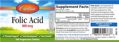 Photo of the Carlson Folic Acid 800 mcg label