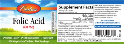 Photo of the Carlson Folic Acid 400 mcg label