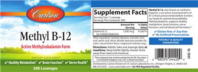 Photo of the Carlson Methyl B-12 label
