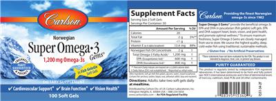 Photo of the Carlson Super Omega-3 Gems 1,200 mg label