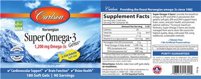 Photo of the Carlson Super Omega-3 Gems 1,200 mg label