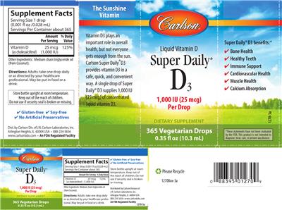 Photo of the Carlson Super Daily D3 1,000 IU (25 mcg) label