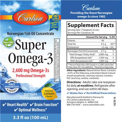 Photo of the Carlson Super Omega-3 2,600 mg Natural Lemon Flavor label