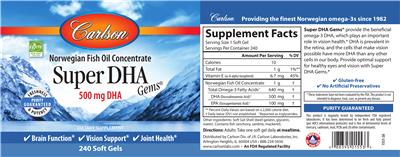 Photo of the Carlson Super DHA Gems 500 mg label