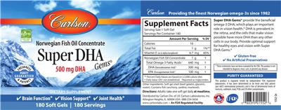 Photo of the Carlson Super DHA Gems 500 mg label