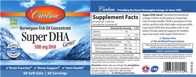 Photo of the Carlson Super DHA Gems 500 mg label