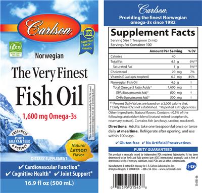 Photo of the Carlson The Very Finest Fish Oil Natural Lemon Flavor label