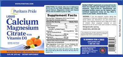 Photo of the Puritan's Pride Liquid Calcium Magnesium Citrate with Vitamin D3 Natural Orange Vanilla Flavor label