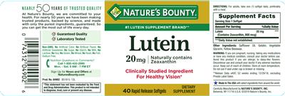 Photo of the Nature's Bounty Lutein 20 mg label