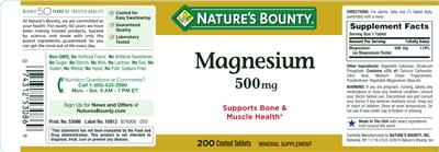 Photo of the Nature's Bounty Magnesium 500 mg label
