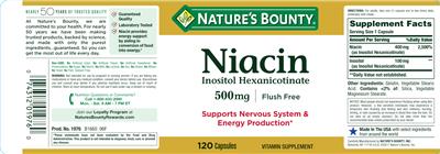 Photo of the Nature's Bounty Niacin Inositol Hexanicotinate 500 mg label